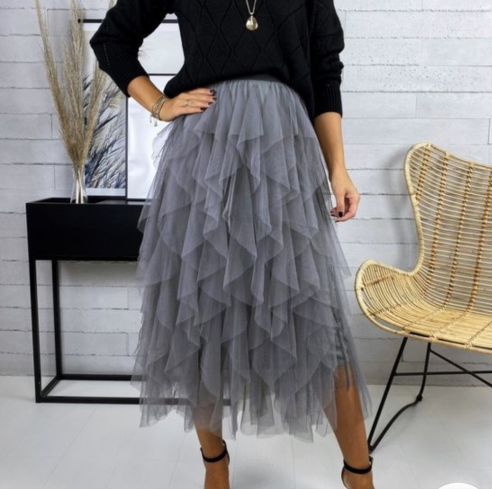 Tulle skirt gray long women's